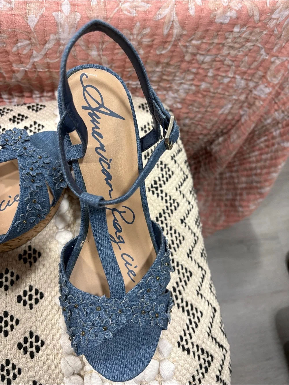 American Rag Denim Floral Cork Platform Sandals - Blue